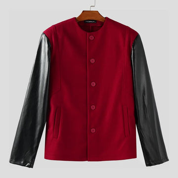AIDASE  -  Men Jackets PU Leather Patchwork O-neck Long Sleeve Button Male Coats Streetwear 2025 Fashion Casual Jackets Men S-5XL aidase-shop